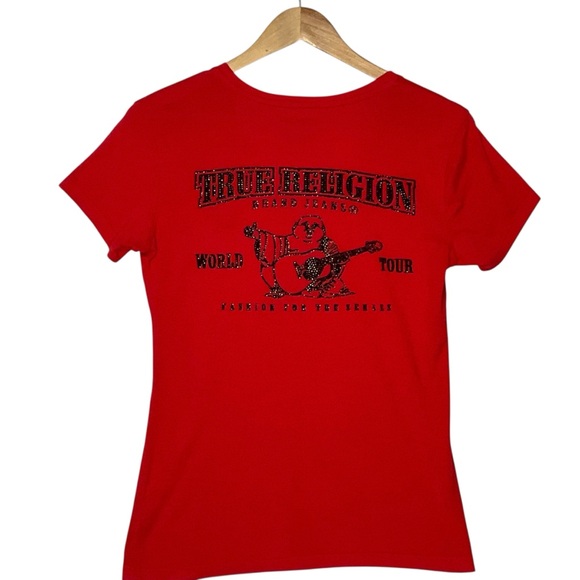 TRUE RELIGION sz X Small Fitted Short Sleeve Tee World Tour Bling Red Black - Picture 5 of 8